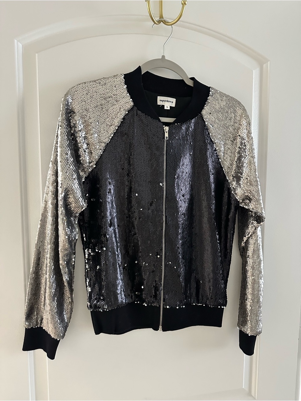 superdown Black and Silver Sequin Bomber Jacket - Picture 1 of 3